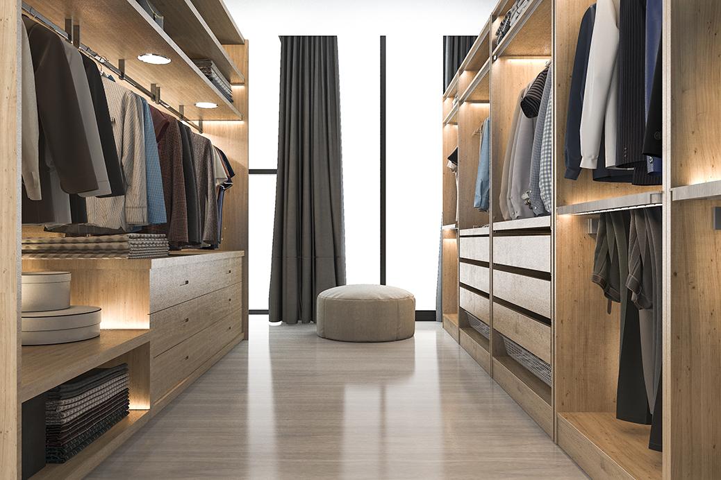 3d Rendering Modern Scandinavian White Wood Walk In Closet With Wardrobe Near Window